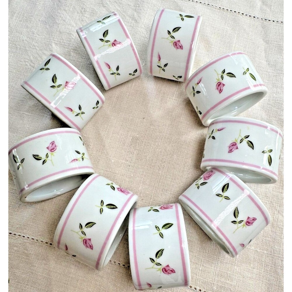 9 Porcelain Rose Napkin Rings Green / Pink, Andre Richard, Grandma Cottage Core - Picture 2 of 16
